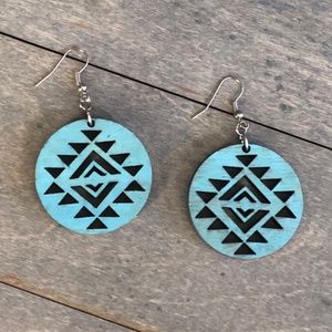 Round Wood Stained & Laser Cut Aztec Tribal Patterned Large Hoop Earrings